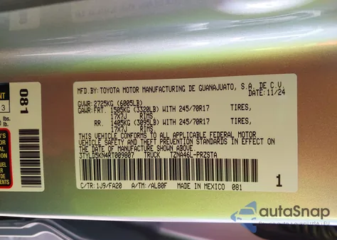 2024 Toyota Tacoma Sr 4Wd z USA, uszkodzony, nr VIN 3TYLD5KN4RT009807